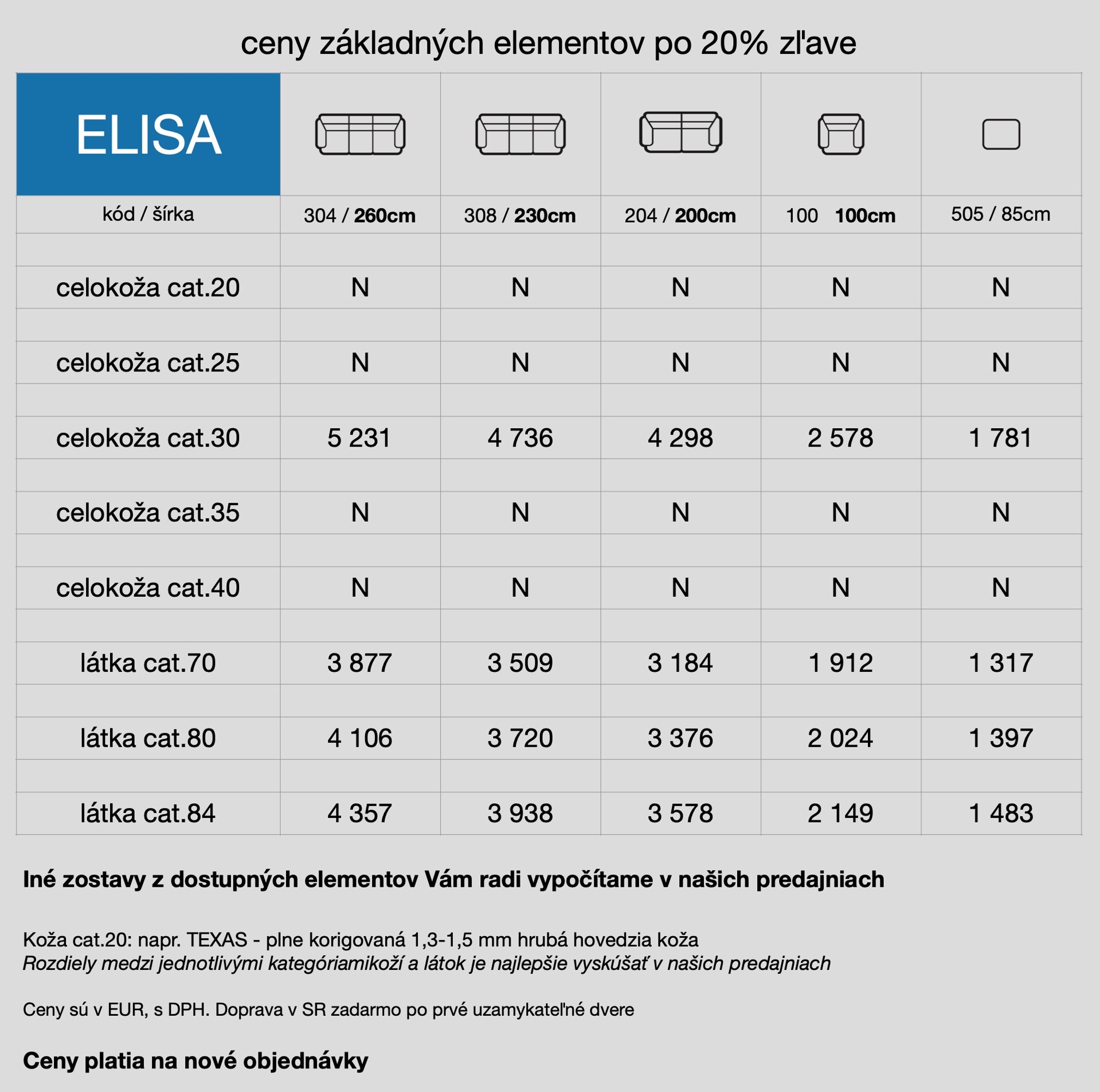 cennik sedačky ELISA