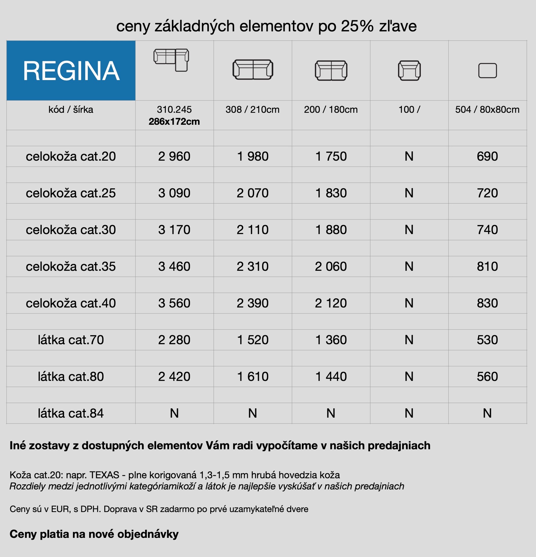 cennik sedačky Regina