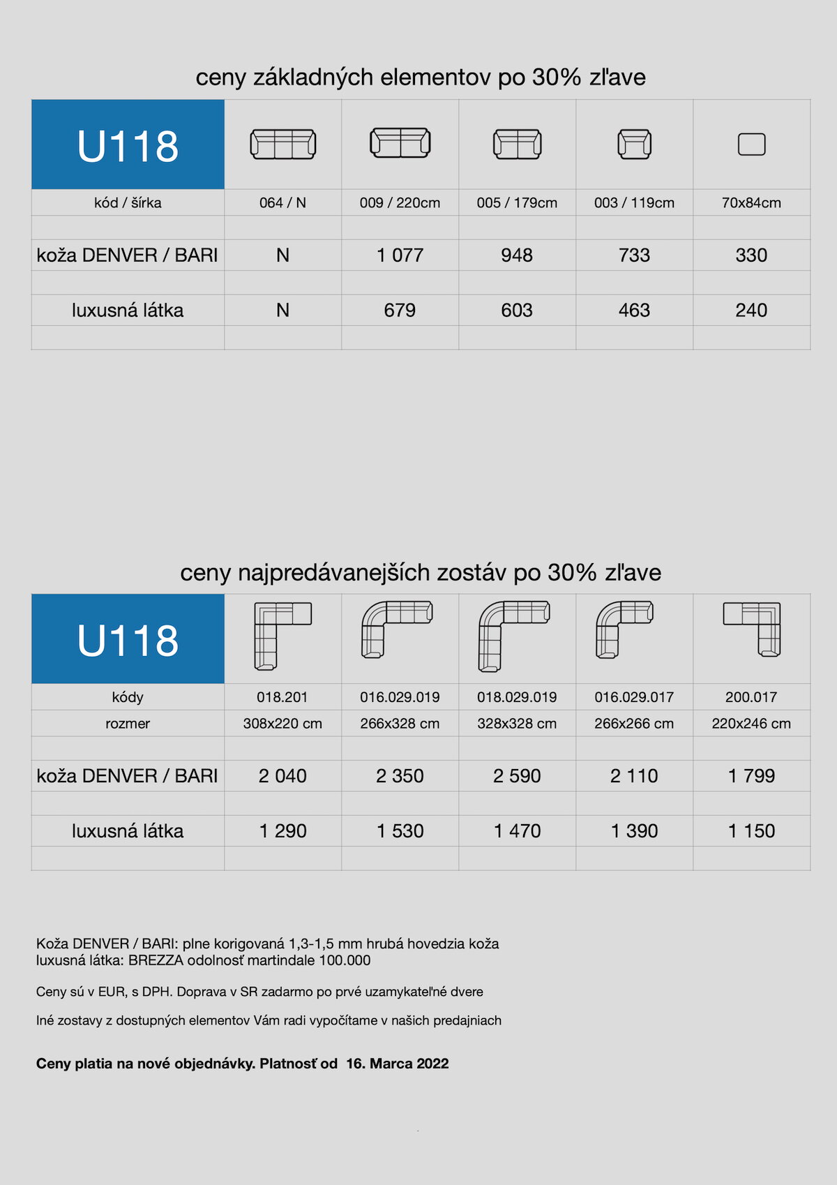 akciový cenník sedačky U118