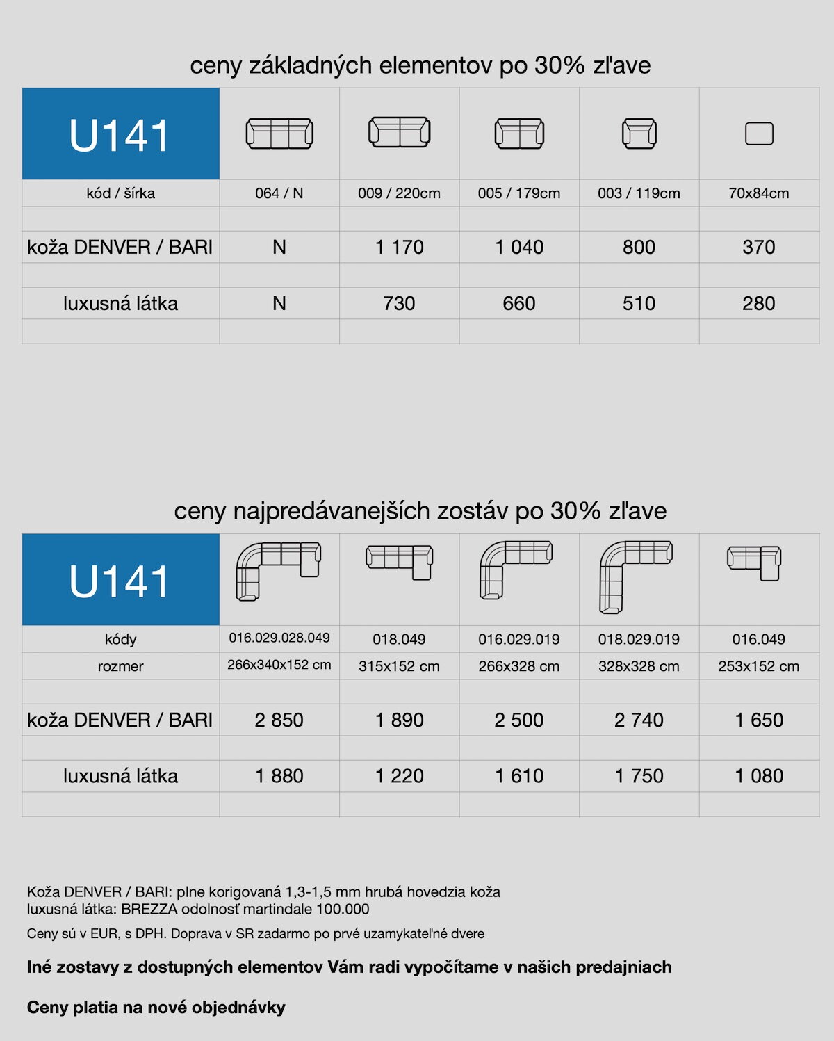 akciový cenník sedačky U141