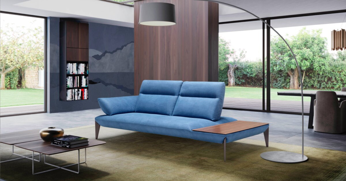 Moderná modrá sofa divani s poličkou